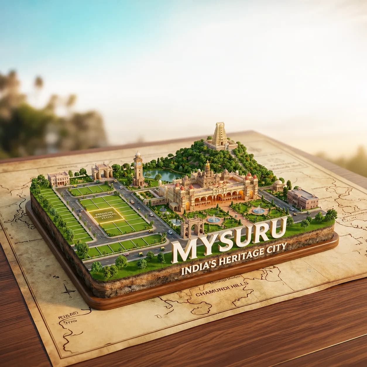 Illustrated model of Mysuru, India's heritage city, with the palace and Chamundi Hills